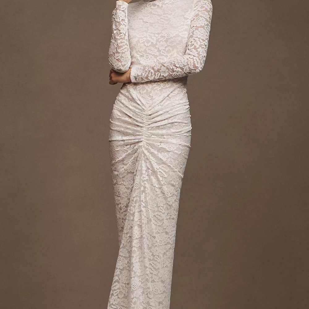 NWT Ronny Kobo Scorpio Ruched Laced Maxi Dress (White, XS)